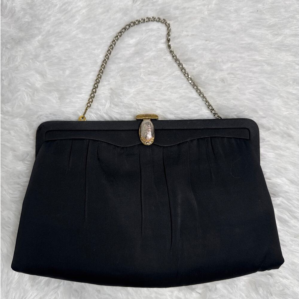 1950s After Five Black Satin Evening Clutch Rhinestone Clasp Coin Purse USA - Picture 2 of 12